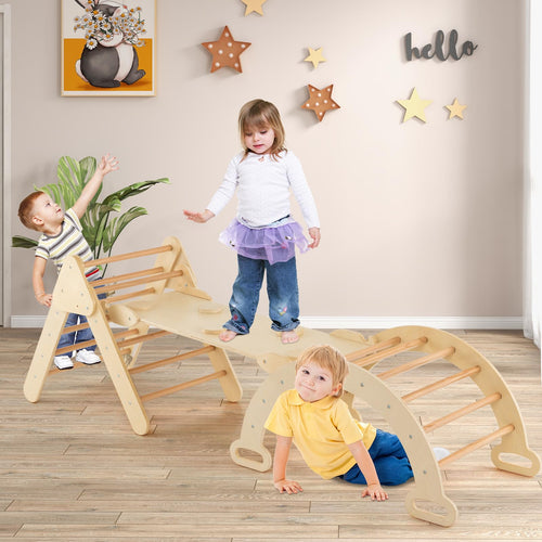 Pikler Triangle Set 7 in 1 Climbing Toys for Toddlers 1-3 Inside Foldable Wood Montessori Jungle Gym