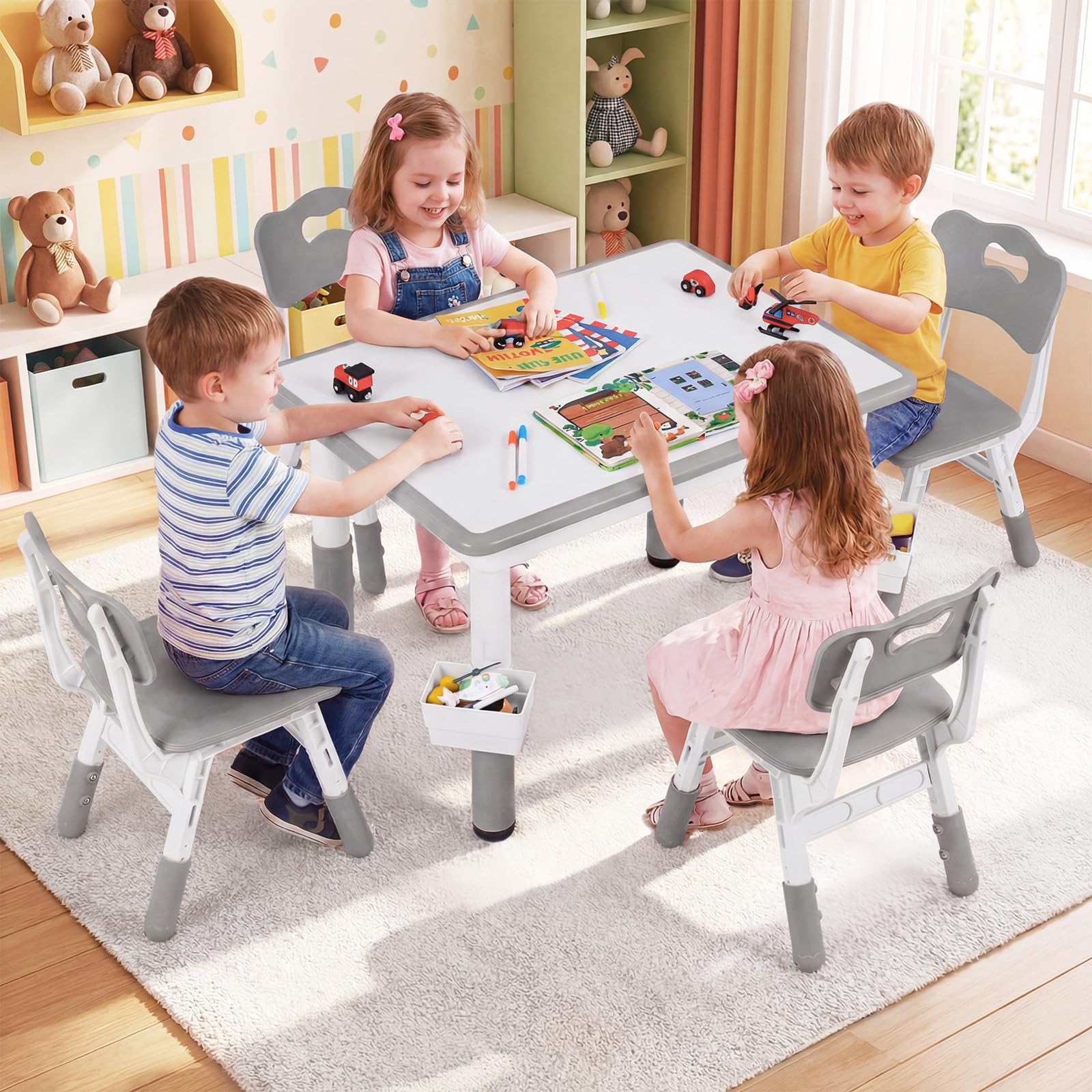 Kids Table and 4 Chairs Set, Height Adjustable Children Activity Desk with Graffiti Desktop 2 Storage Boxes