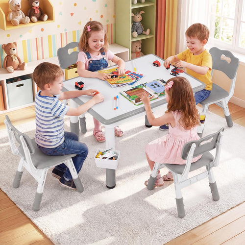 Kids Table and 4 Chairs Set, Height Adjustable Children Activity Desk with Graffiti Desktop 2 Storage Boxes