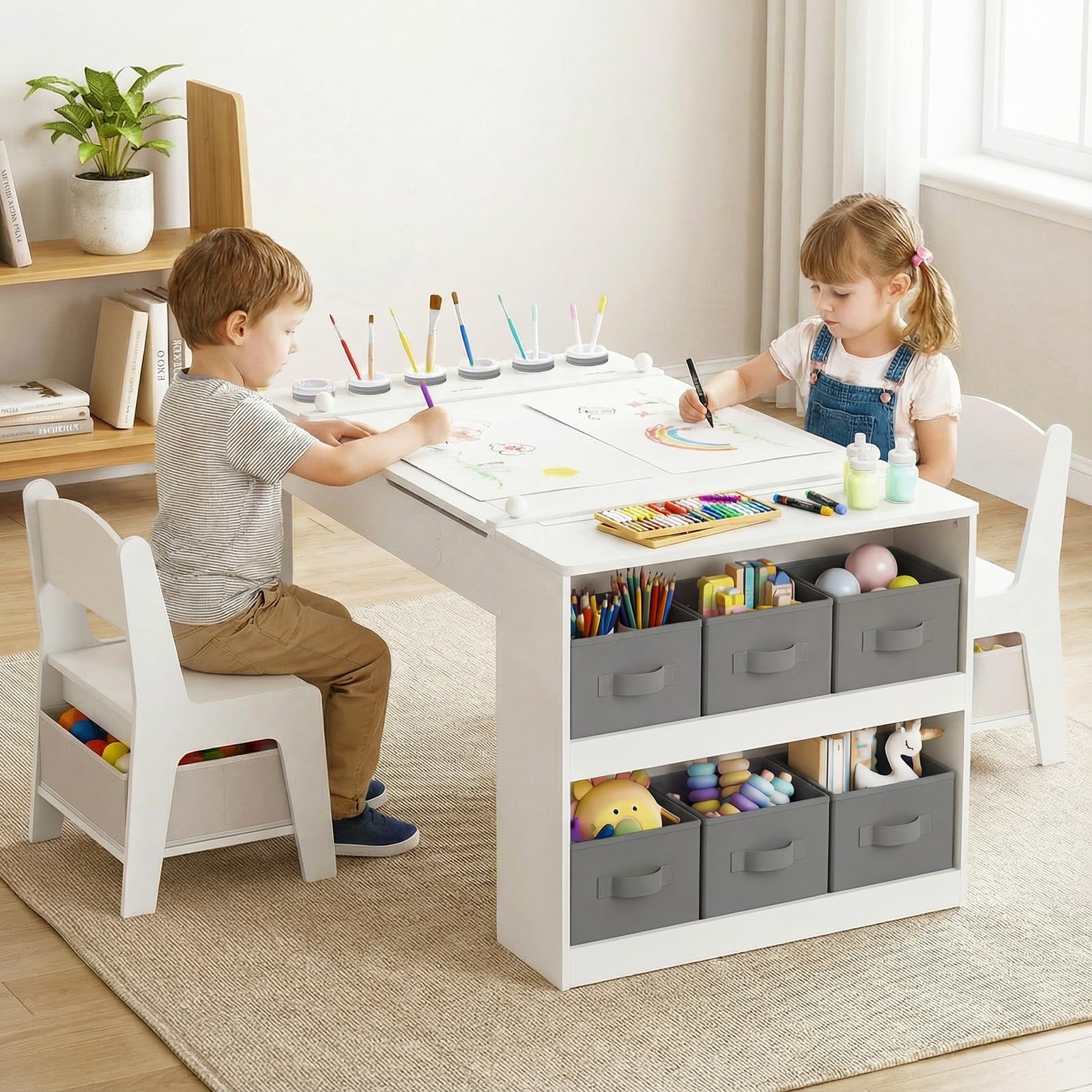 Toddler Art Craft Play Wood Activity Desk with 2 Chairs 4 Storage Canvas Bins Paper Roll for Writing Drawing