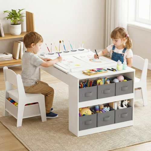 Toddler Art Craft Play Wood Activity Desk with 2 Chairs 4 Storage Canvas Bins Paper Roll for Writing Drawing