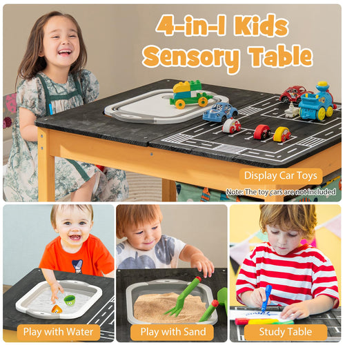 4-in-1 Kids Activity Table, Children Wooden Sensory Table Indoor Outdoor Play Study Desk w/Foldable Storage Bin