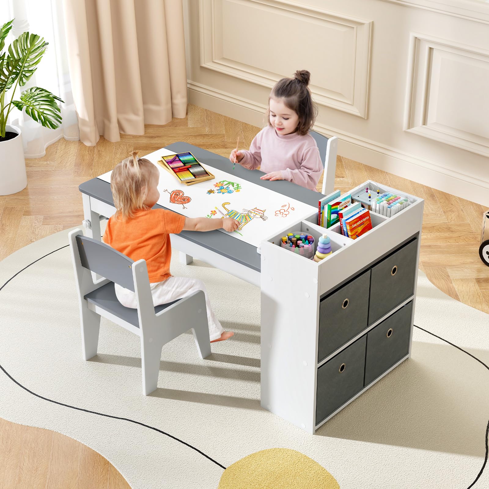 INFANS Kids Table and Chair Set Toddler Art Craft Play Wood Activity Desk with 2 Chairs