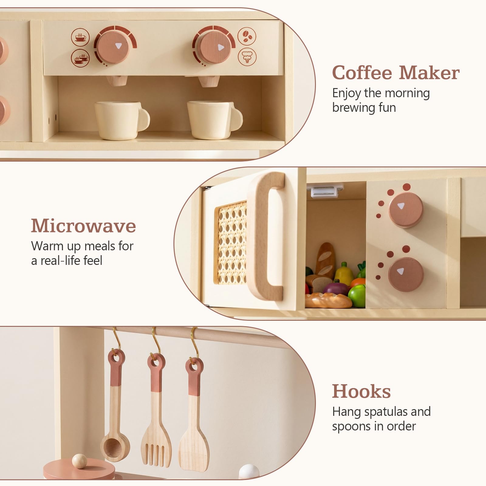 Play Kitchen, Wooden Kids Cooking Toy with Realistic Lights Sounds