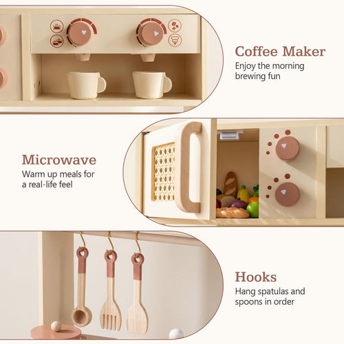 Play Kitchen, Wooden Kids Cooking Toy with Realistic Lights Sounds