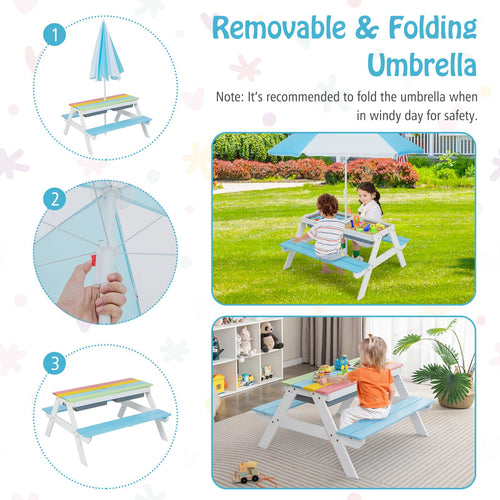 Kids Picnic Table, 3-in-1 Wooden Table & Bench Set w/Removable & Foldable Umbrella for Backyard, Garden