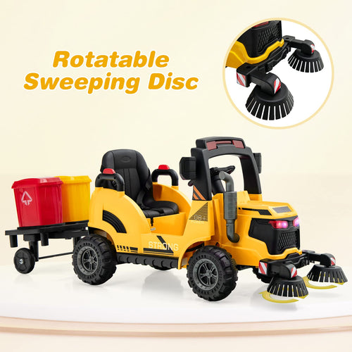Kids Electric Ride-On Car, 12V Street Sweeper Truck w/2 Rotating Brushes & 2 Removable Rubbish Bins