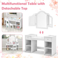 INFANS 2 in 1 Princess Makeup Desk and Chair Set with Drawers Tri-Folding Detachable Mirror Large Storage Shelves