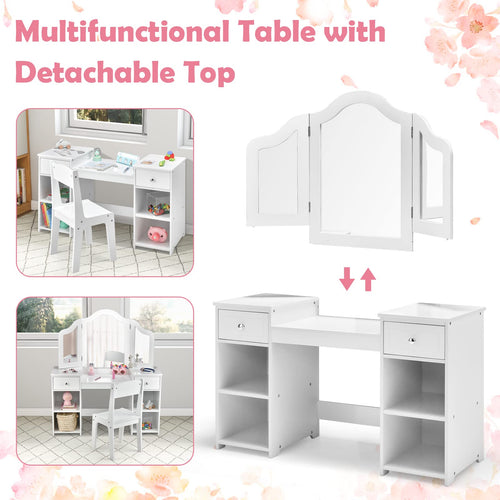 INFANS 2 in 1 Princess Makeup Desk and Chair Set with Drawers Tri-Folding Detachable Mirror Large Storage Shelves