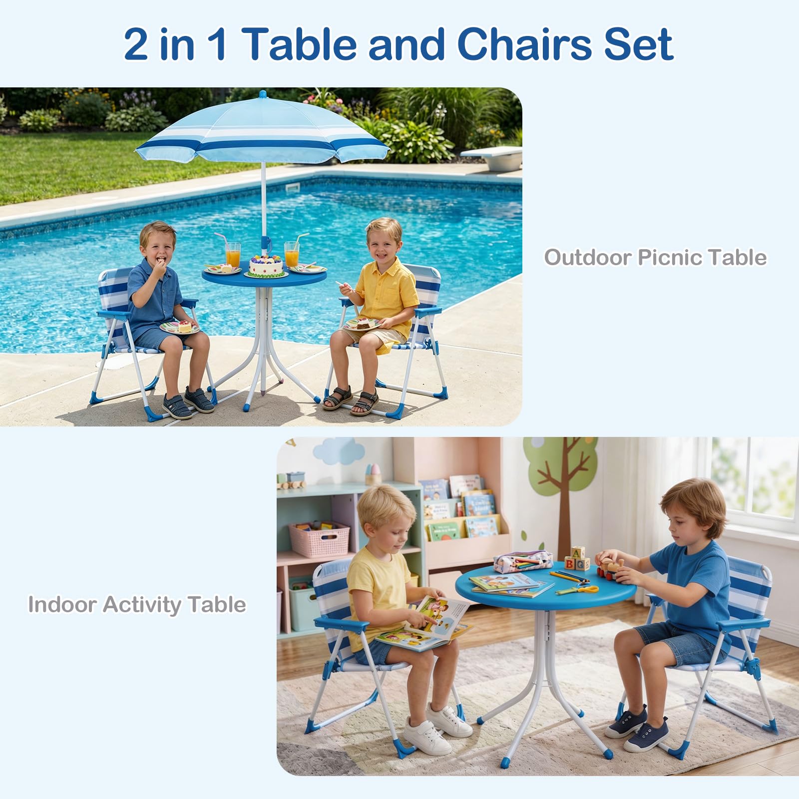 Kids Picnic Table, Outdoor Toddler Patio Furniture Set with 2 Folding Chairs Adjustable Foldable Umbrella