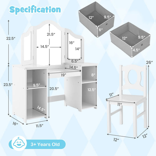 INFANS Kids Vanity, Princess Makeup Desk and Chair Set with Lights Mirror Drawer Storage Shelves