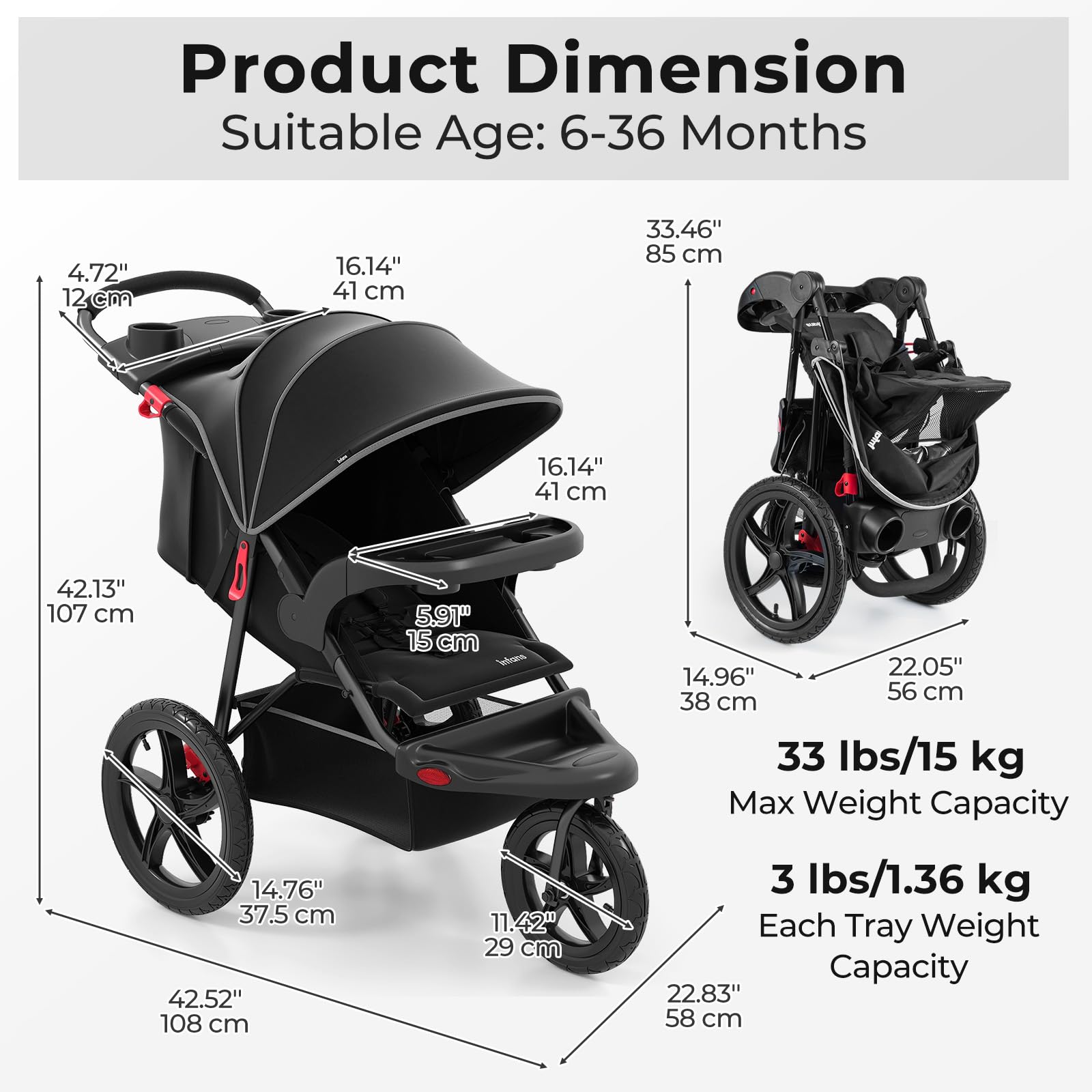 INFANS Jogging Stroller, Foldable Jogger with Air-Filled Tires Shock Absorbing Suspension