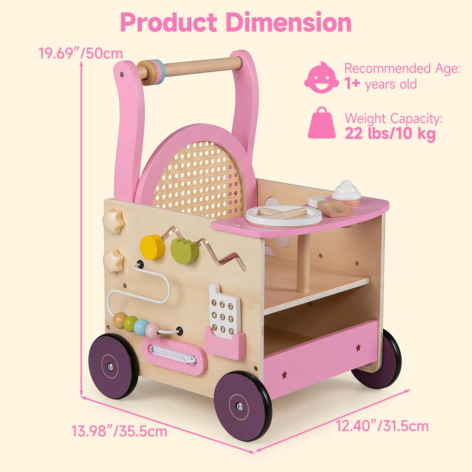 Wooden Baby Walker, Activity Center Push Walking Toy