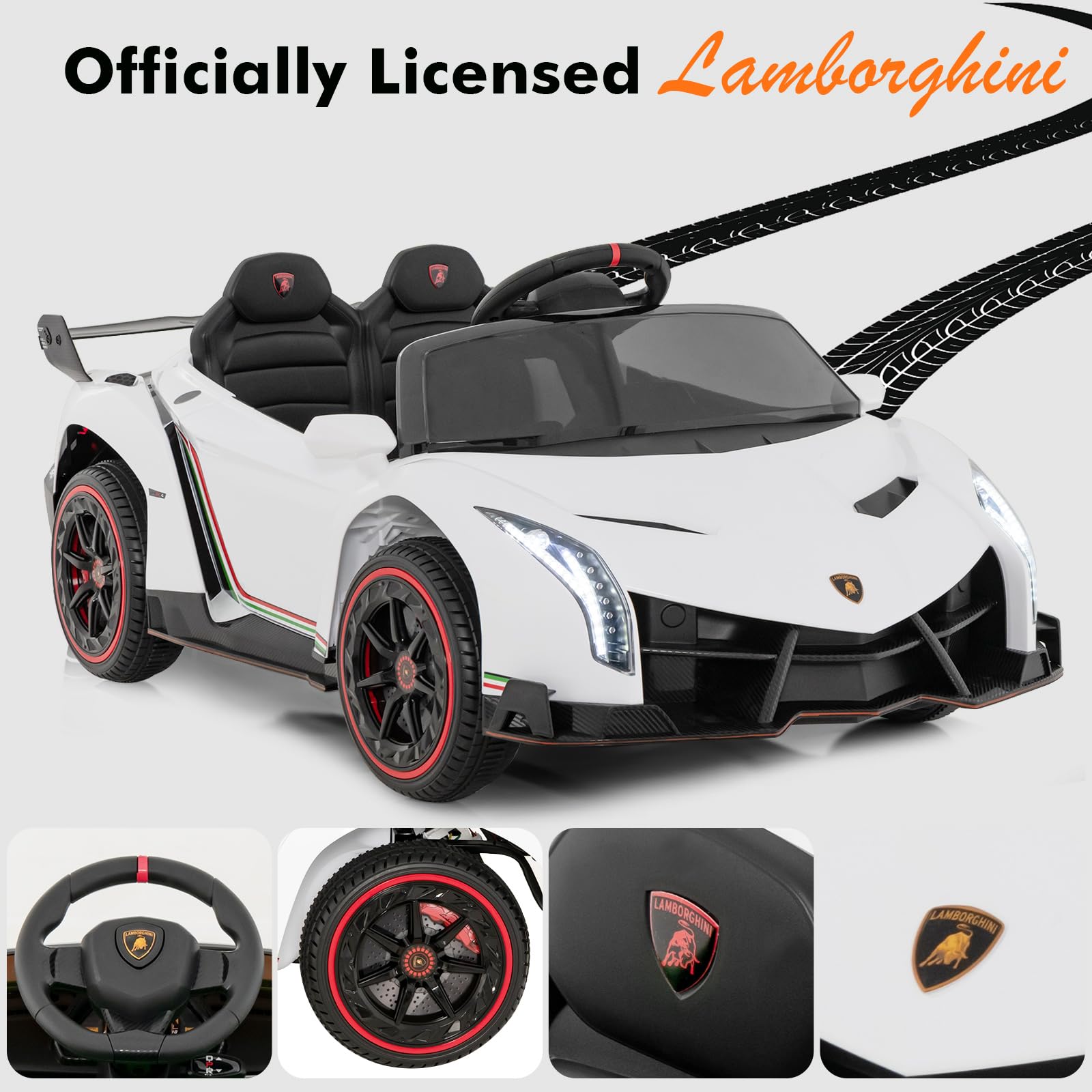 12V 4WD Licensed Lamborghini Veneno Powered Electric Vehicle with Hydraulic Doors, Rocking Mode, Adjustable Speeds, Remote Control, MP3, Headlight