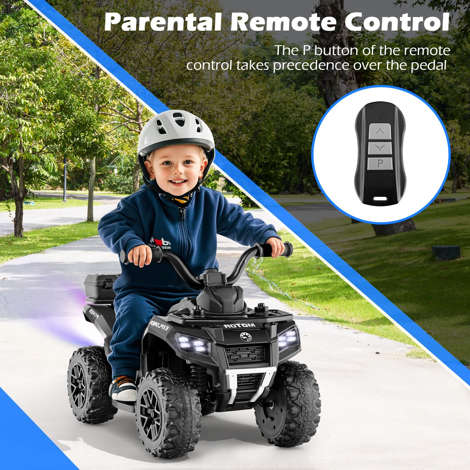 Kids ATV with Spray Function, Remote Control, Storage Trunk