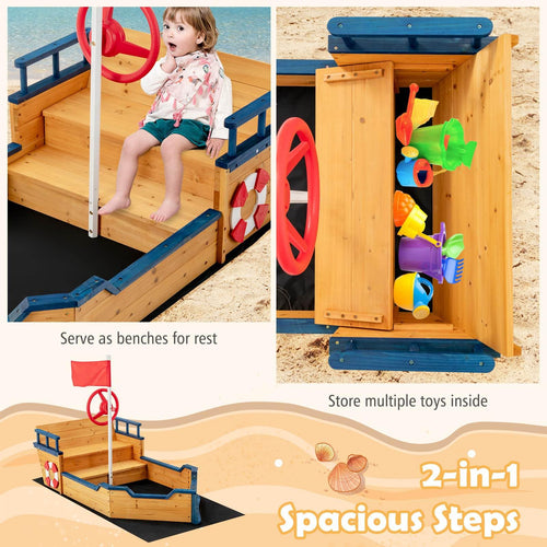 Wooden Kids Sandbox Outdoor Play Sandpit Toy w/2-in-1 Storage Benches