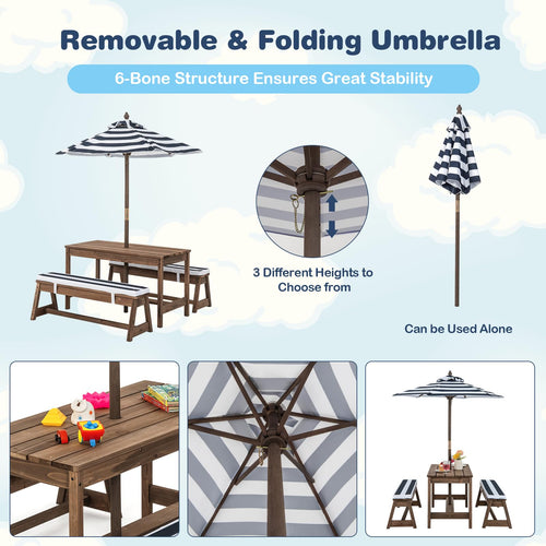 Kids Picnic Table Bench Set, Wooden Kids Outdoor Furniture with Umbrella, Sponge Cushions