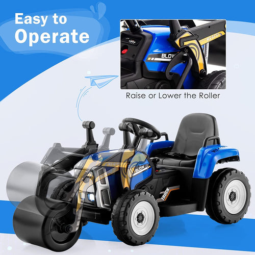 Ride on Car, 12V Road Roller with Remote Control, Battery Powered Electric Tractor w/Adjustable Drum Roller