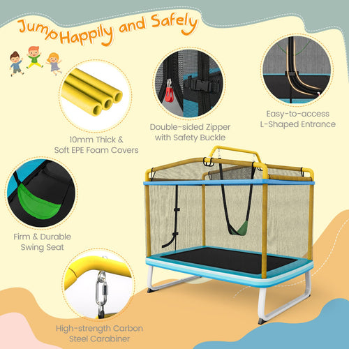 6FT Kids Trampoline, 3-in-1 Trampoline w/Swing & Horizontal Bar, Rectangle Toddler Trampoline