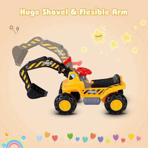 Kids Ride On Excavator, Outdoor Digger Scooper Pulling Cart W/Safety Helmet Horn Underneath Storage