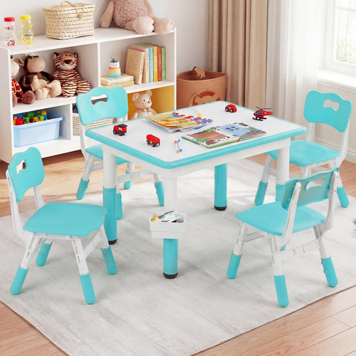 Kids Table and 4 Chairs Set, Height Adjustable Children Activity Desk with Graffiti Desktop 2 Storage Boxes