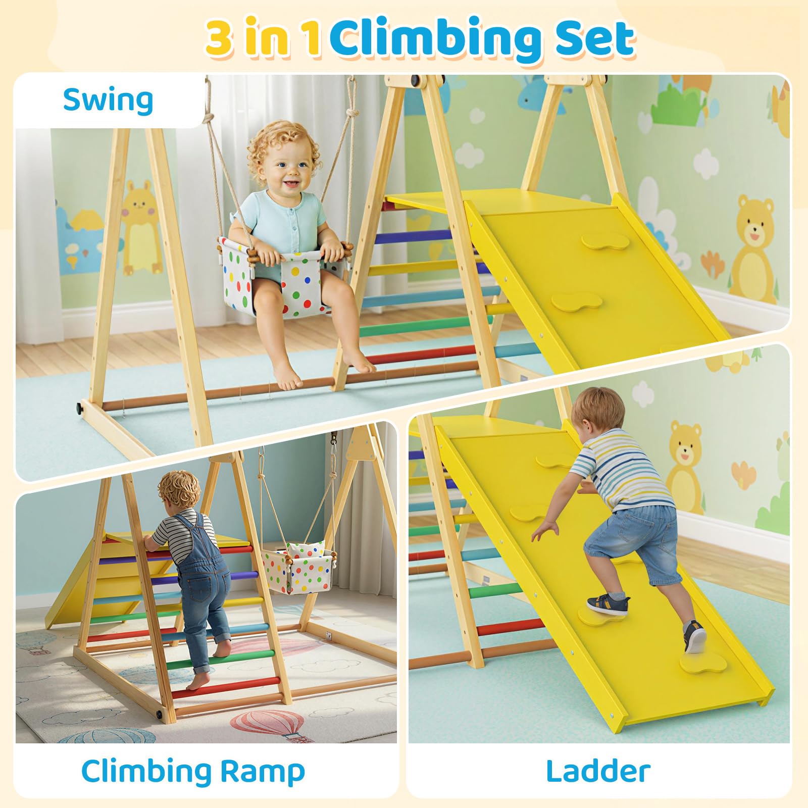 Climbing Toys for Toddlers, 4 in 1 Folding Wooden Kids Montessori Triangle Set