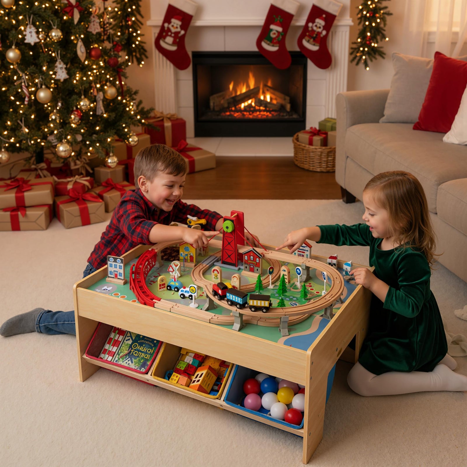 Train Table, 84 Pieces Wooden Kids Activity Toy Table Playset with Reversible Detachable Tabletop