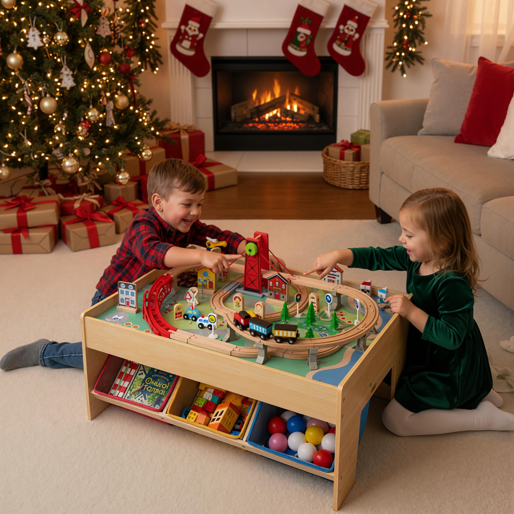 Train Table, 84 Pieces Wooden Kids Activity Toy Table Playset with Reversible Detachable Tabletop