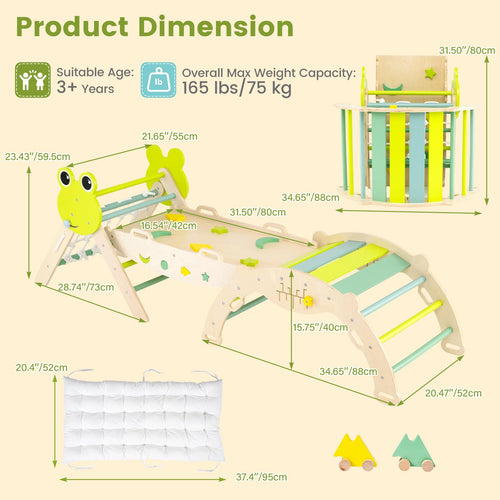 Pikler Triangle Set, 13 in 1 Frog Theme Foldable Wooden Montessori Toddler Climbing Toys