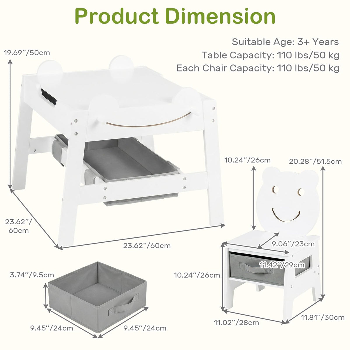 INFANS Kids Table and Chair Set, 4 in 1 Wooden Activity Desk