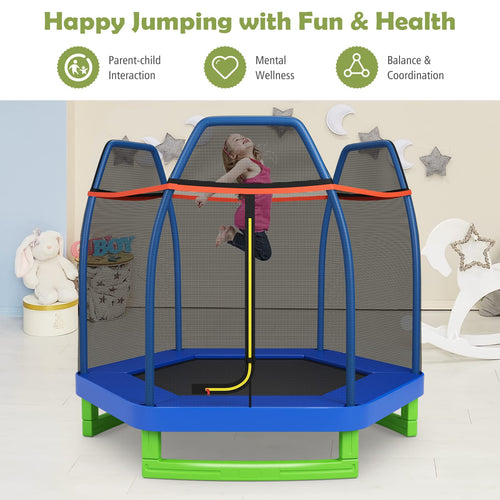 7FT Kids Trampoline w/Safety Enclosure Net & Spring Pad
