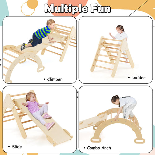 Pikler Triangle Set 7 in 1 Climbing Toys for Toddlers 1-3 Inside Foldable Wood Montessori Jungle Gym