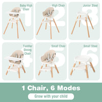 6-in-1 Convertible Wooden High Chair Baby High Chair with Double Dishwasher Safe Trays