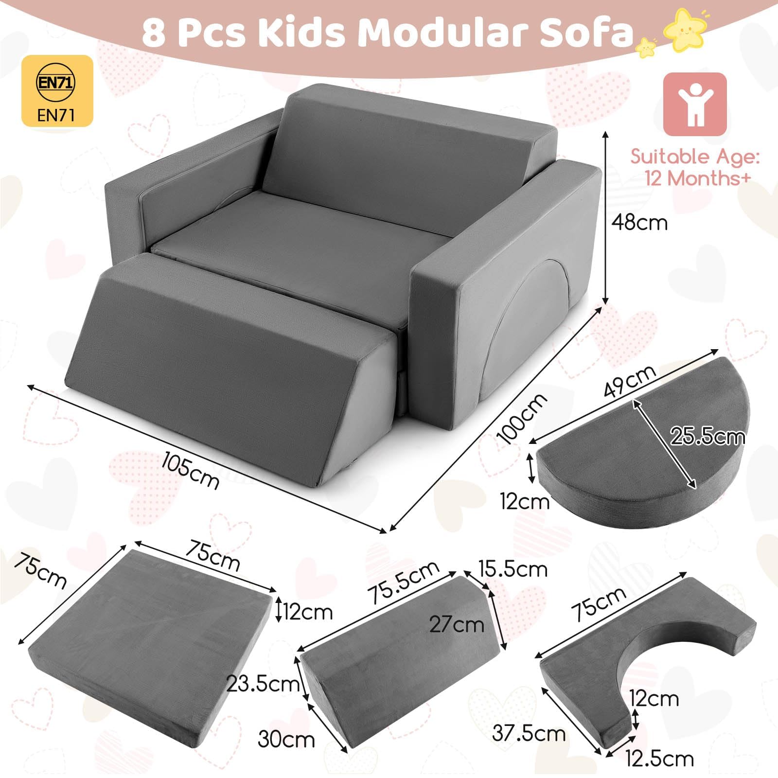 8 Pieces Kids Modular Play Sofa with Detachable Cover for Playroom