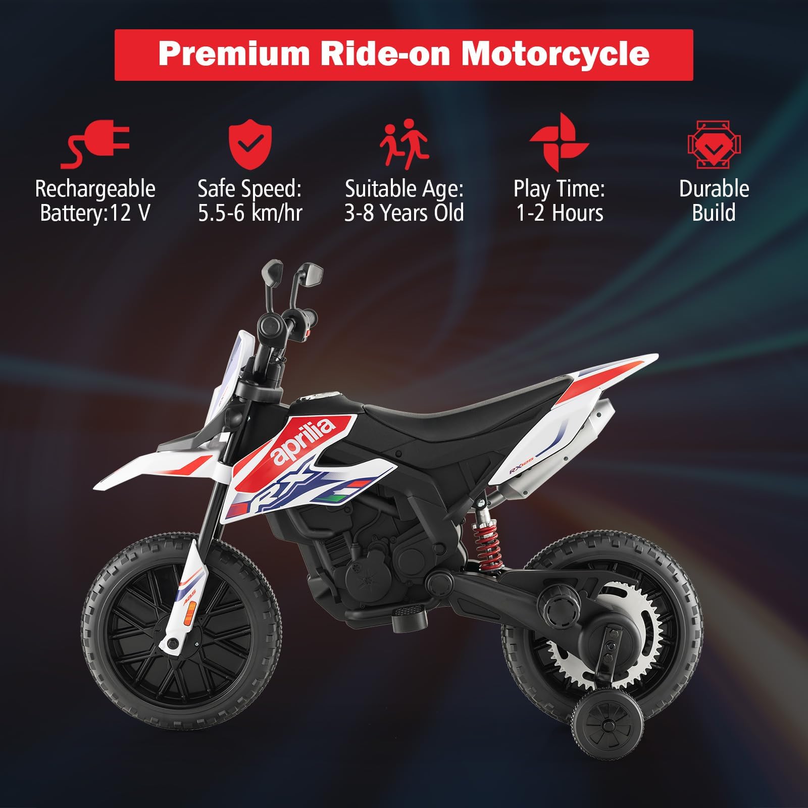 INFANS Kids Motorcycle 12V, Licensed Aprilia RX125 Electric Ride