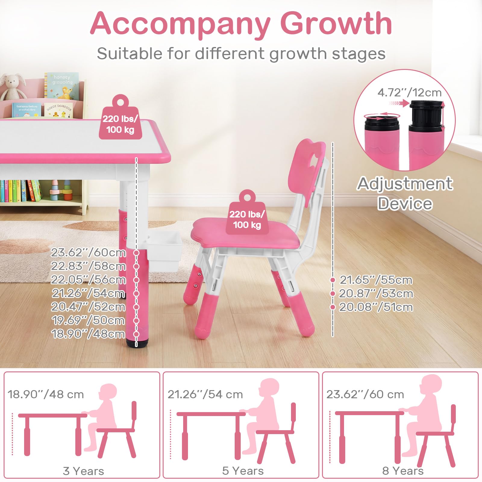 Kids Table and 4 Chairs Set, Height Adjustable Children Activity Desk with Graffiti Desktop 2 Storage Boxes