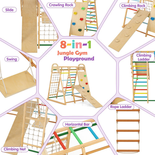 Indoor Jungle Gym, 8 in 1 Kids Montessori Indoor Playground Climbing Playset for Toddlers