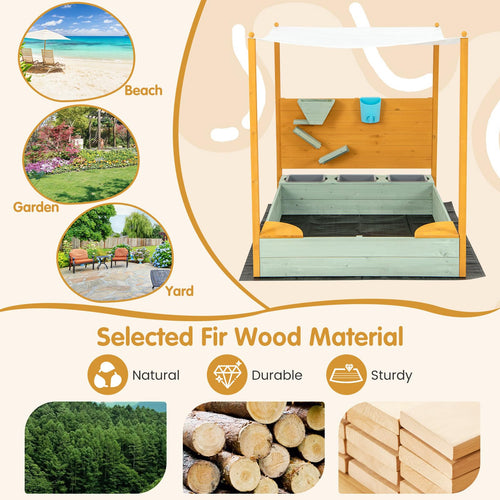 Kids Sandbox with Sand Wall, Wooden Sandpit for 3-8 Years w/Removable Canopy