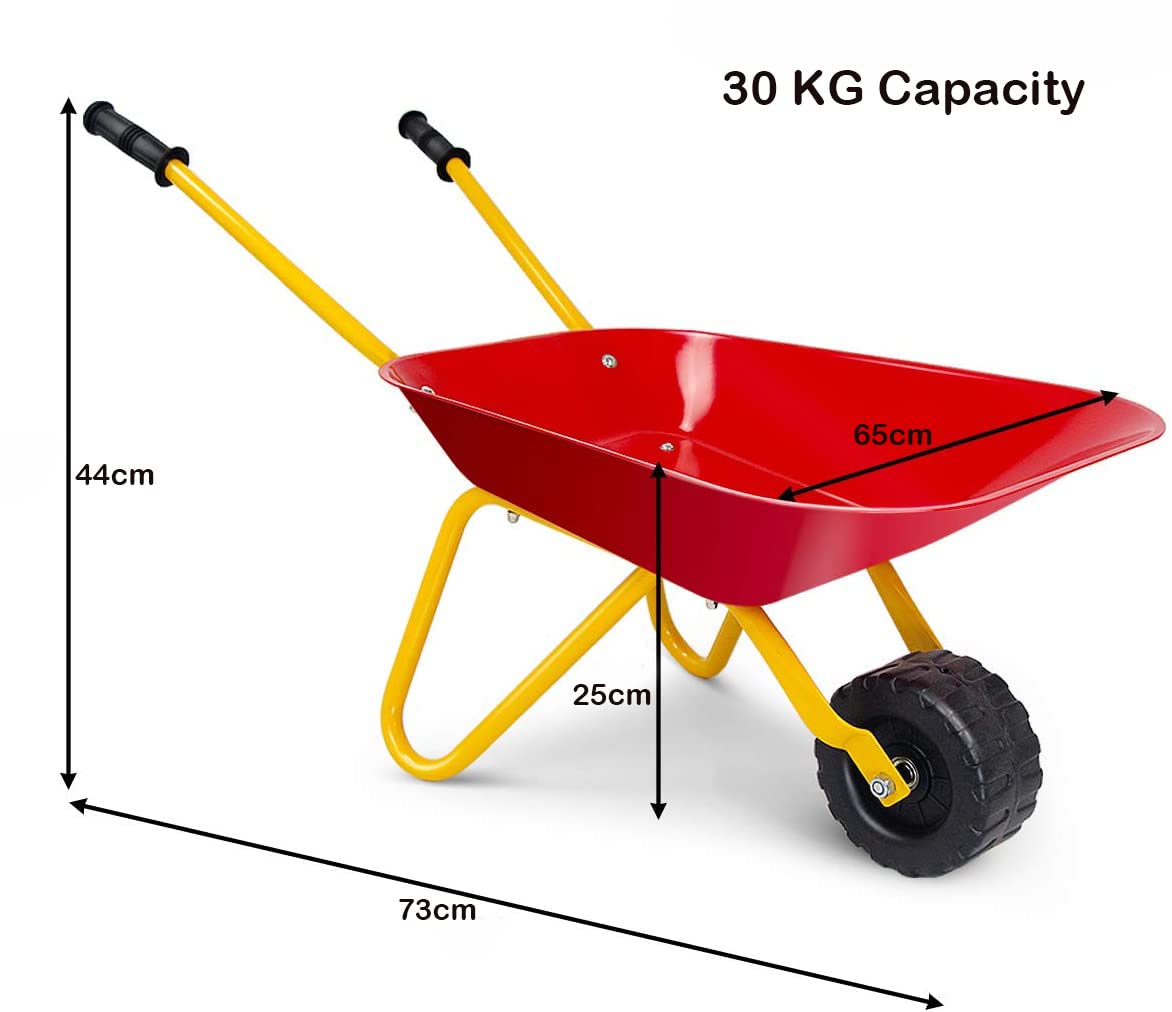 Kids Wheelbarrow, Children Steel Garden Wheelbarrow w/Non-Slip Handle, Wearable Wheels