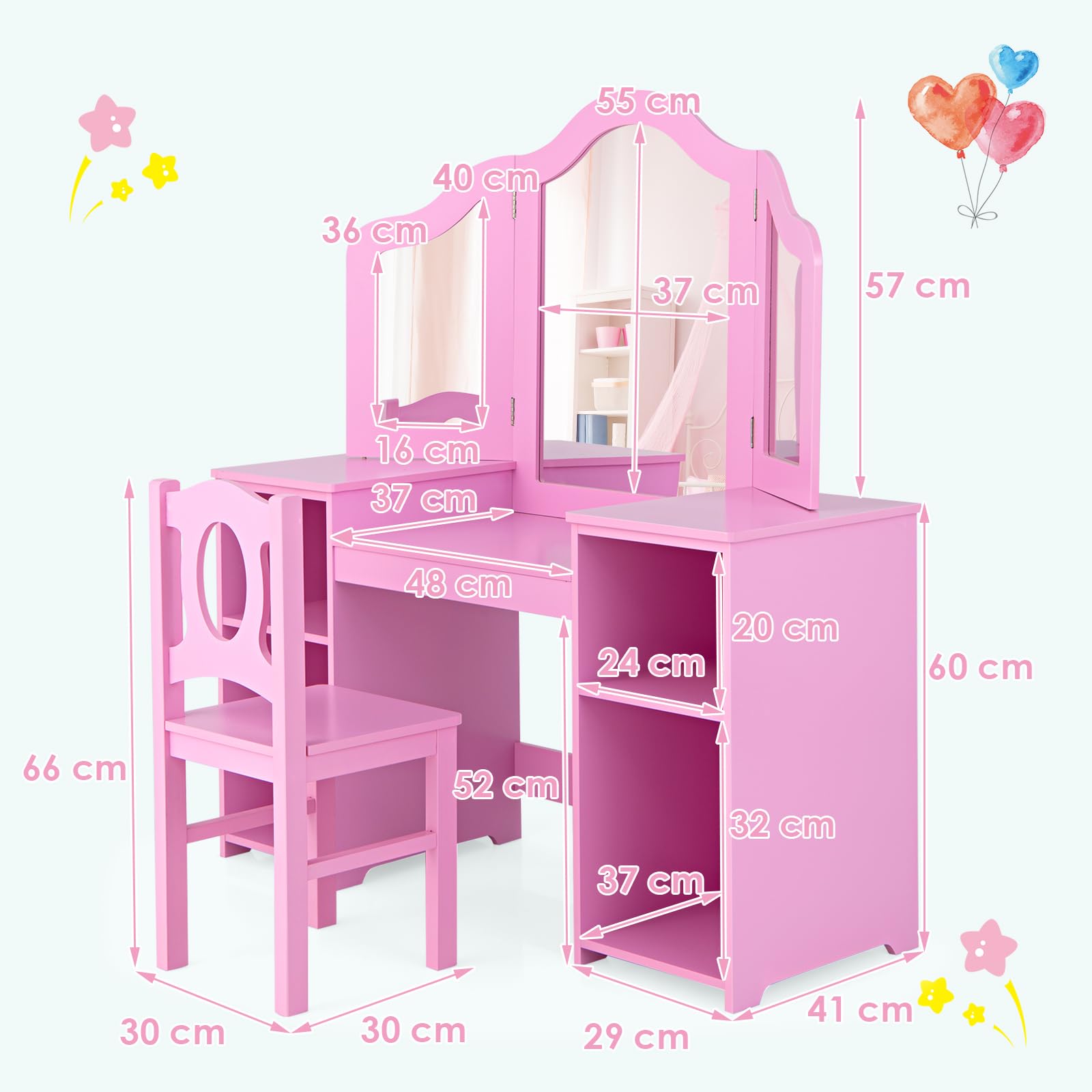 2-in-1 Kids Vanity Table and Chair Set with Removable Mirror