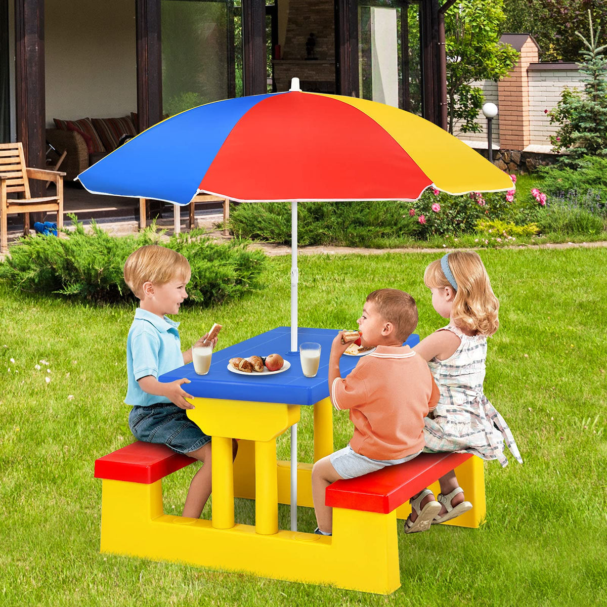 Kids Picnic Table Set, Table Bench Set for Toddlers w/Removable Umbrella