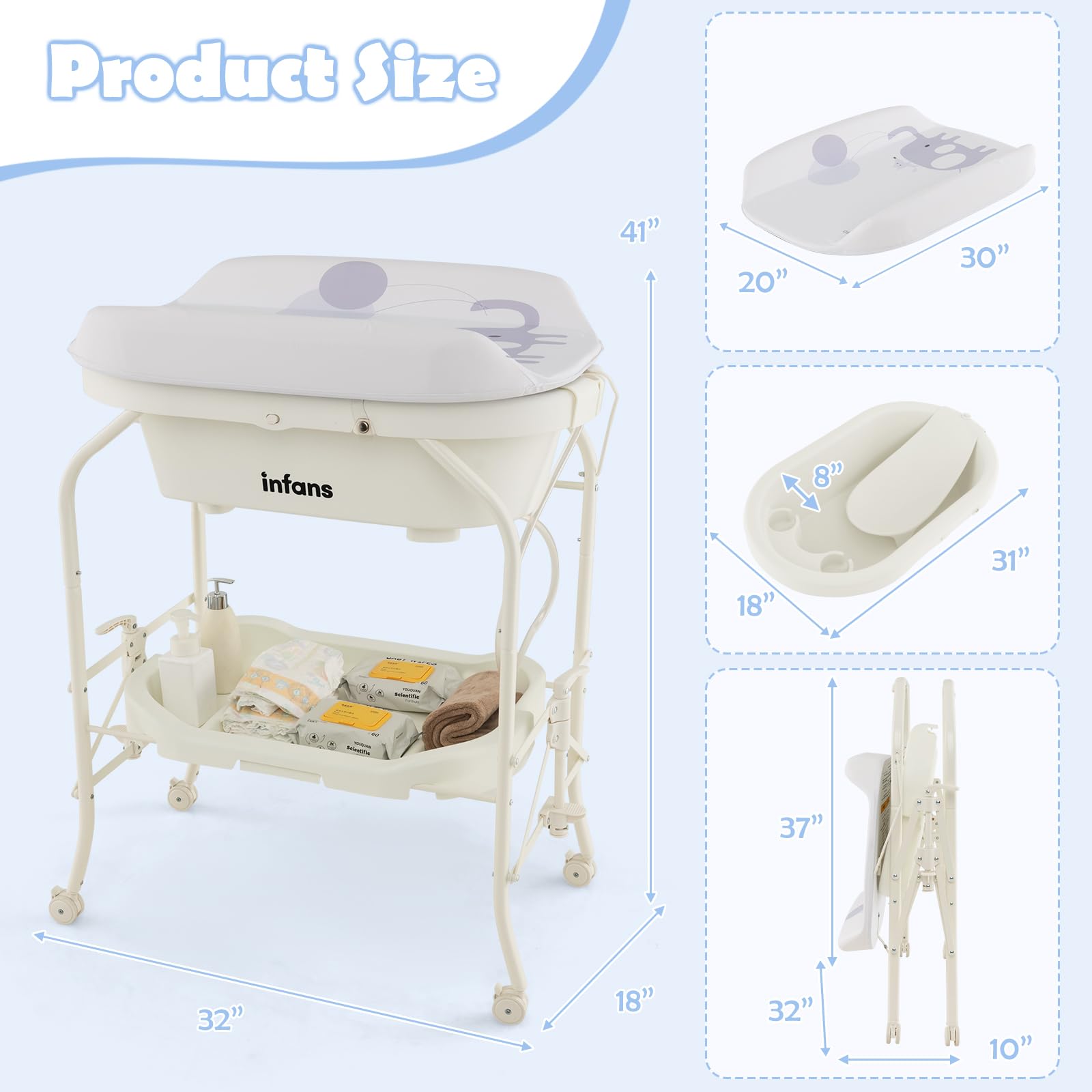 INFANS 2 in 1 Baby Changing Table with Bath Tub Unit, Folding Diaper Dresser Station