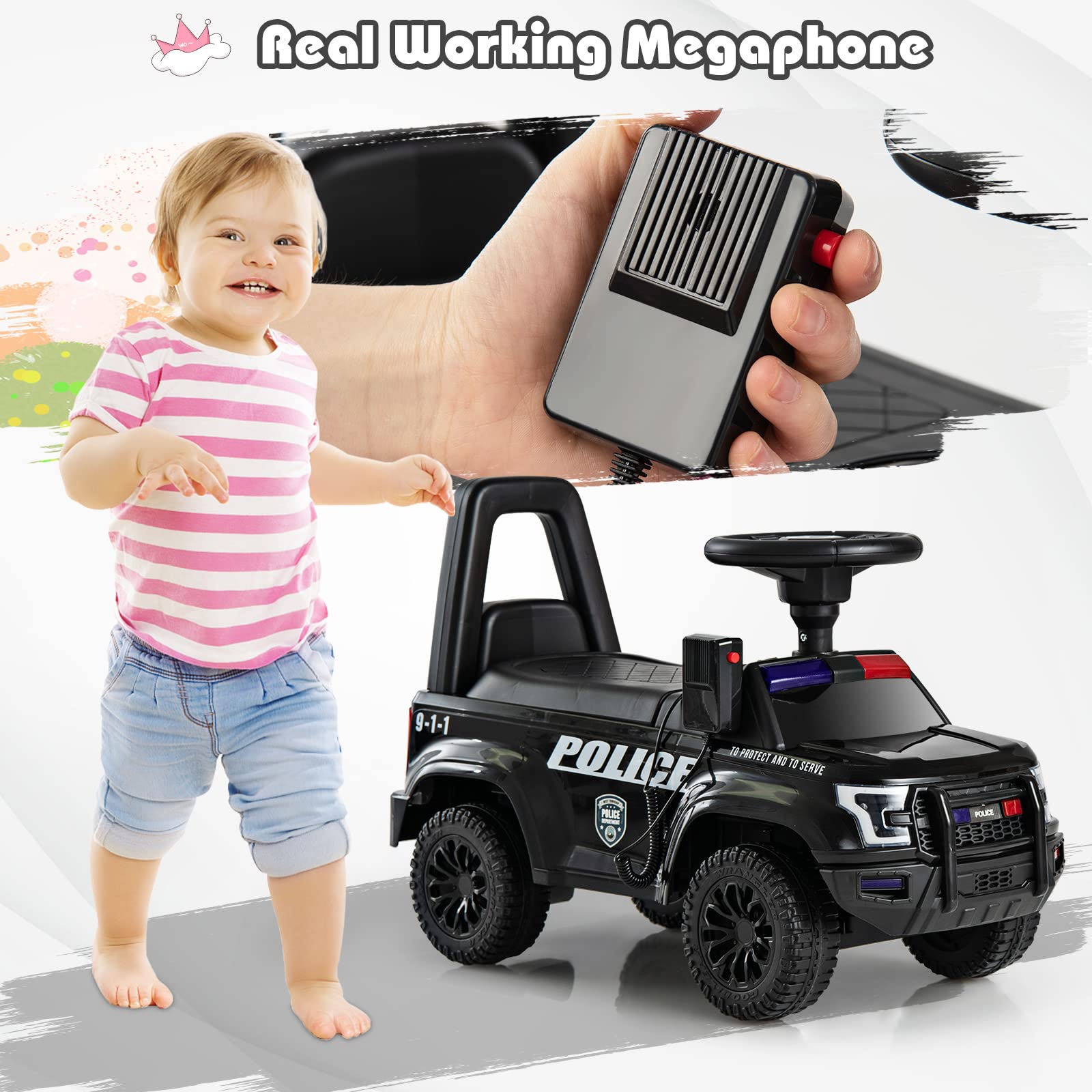 Ride On Push Police Car, Toddler Foot-to-Floor Sliding Toy with Siren