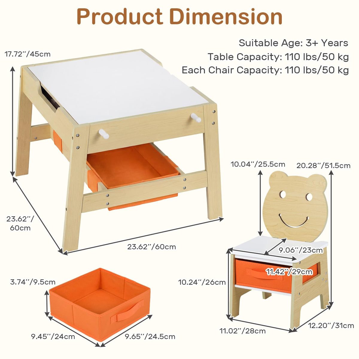 INFANS Kids Table and Chair Set, 4 in 1 Wooden Activity Desk