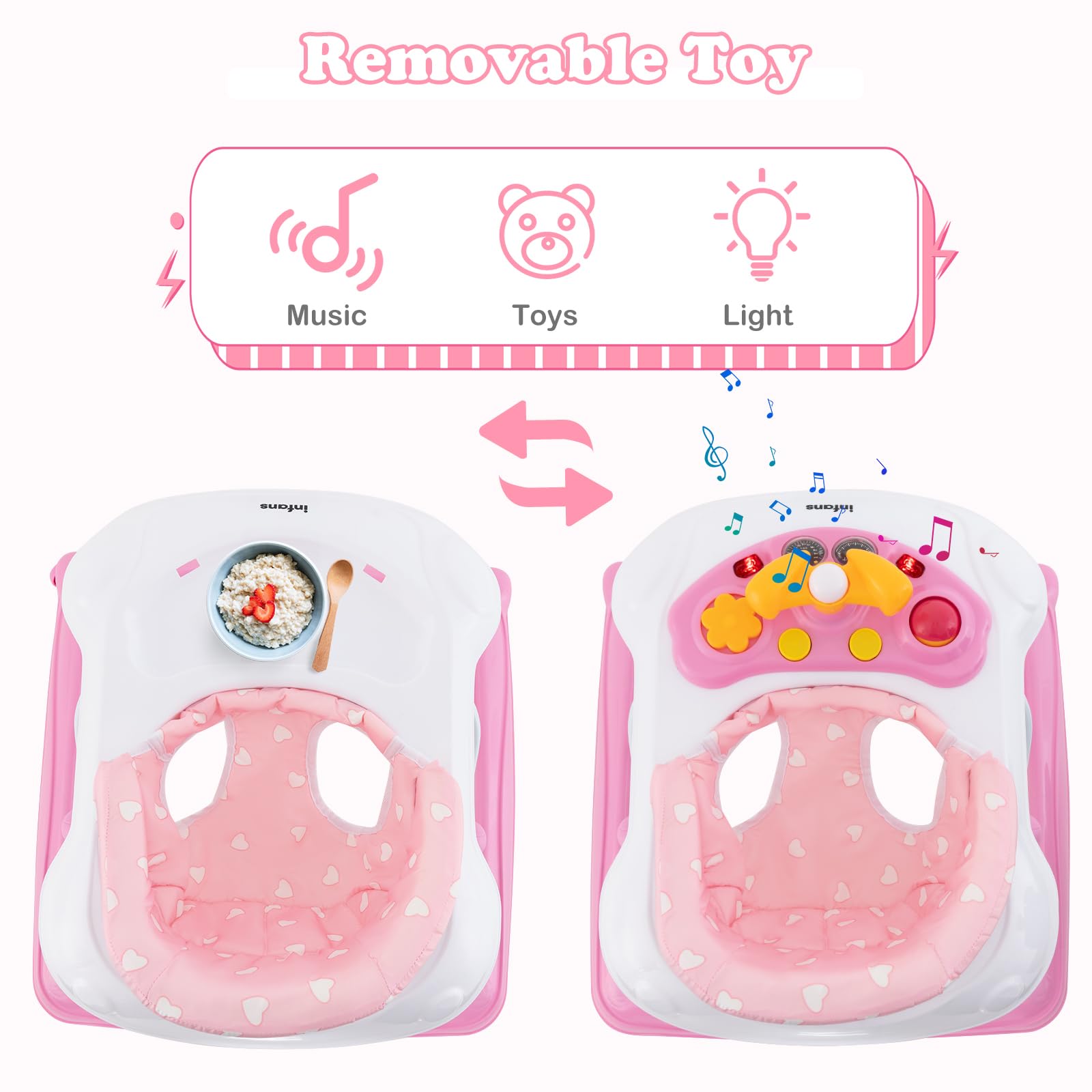 Foldable Baby Walker, 3 in 1 Toddler Walker Leaning-Seated Walk-Behind with Removable Music Tray