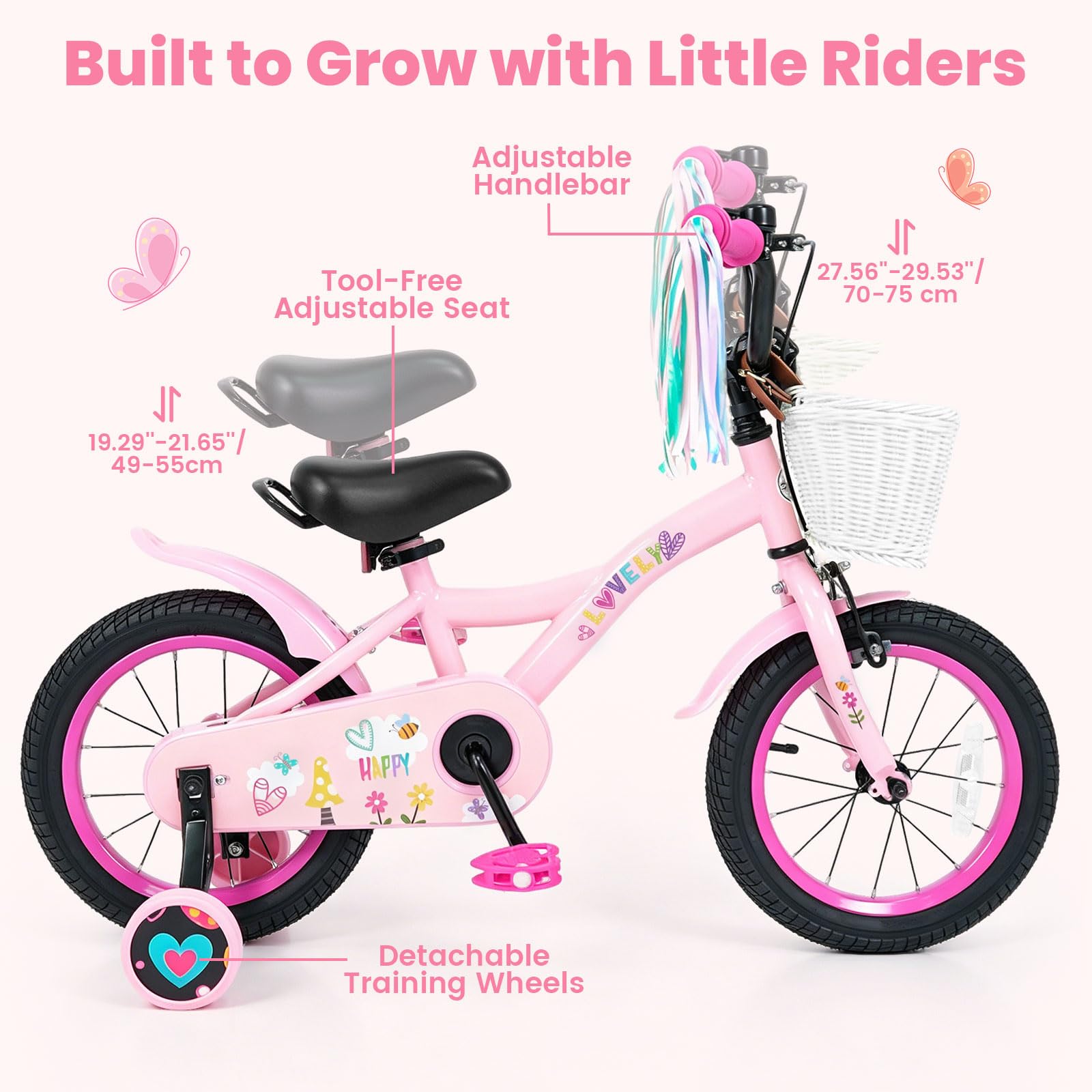 Kids Bike, 14 16 18 Inch Sweet Heart Theme Girls Bicycle