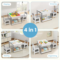 Kids Table and Chair Set, 4 in 1 Building Block Wooden Activity Desk with Reversible Tabletop Storage Drawers