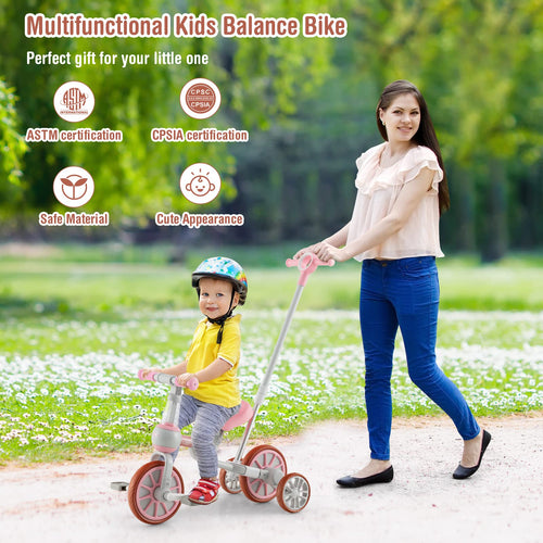 4-in-1 Toddler Tricycle, Kids Training Balance Bike w/Adjustable Parent Handle