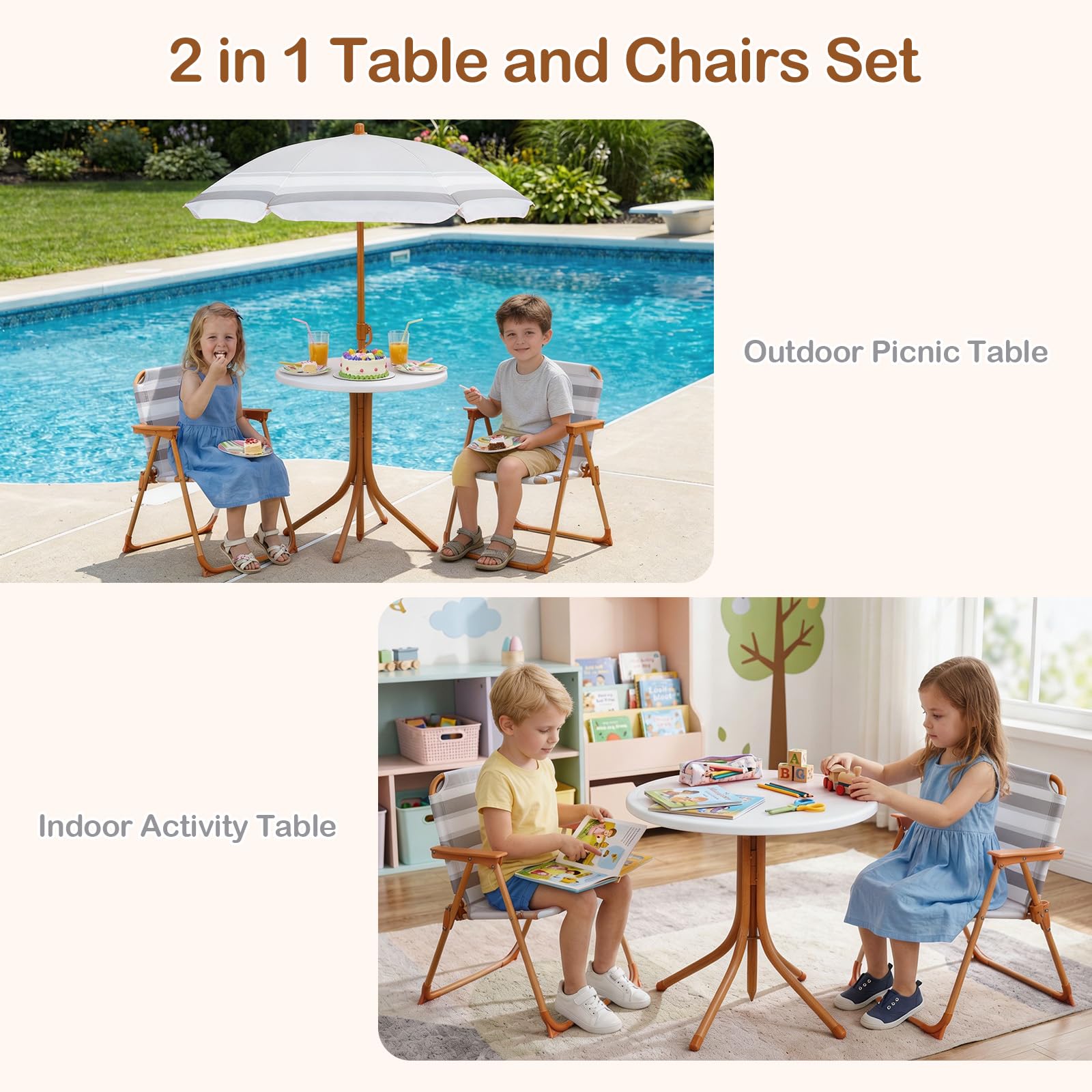 Kids Picnic Table, Outdoor Toddler Patio Furniture Set with 2 Folding Chairs Adjustable Foldable Umbrella