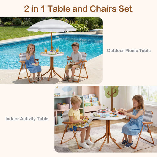Kids Picnic Table, Outdoor Toddler Patio Furniture Set with 2 Folding Chairs Adjustable Foldable Umbrella